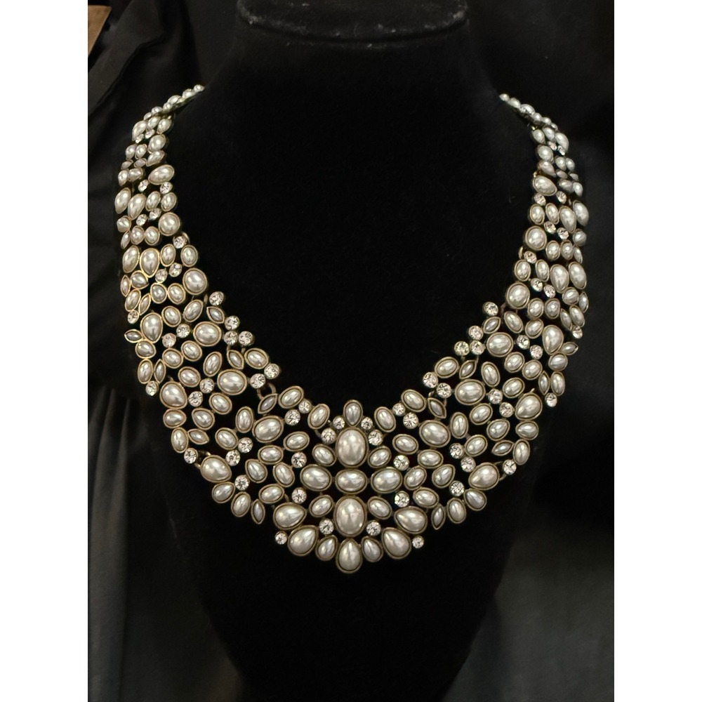 BaubleBar Faux Pearl and Crystal Bib Statement Necklace Gold Tone Collar